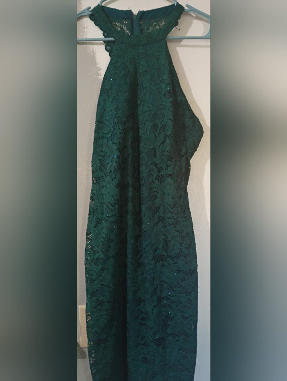 Sequin Hearts emerald green lace halter dress